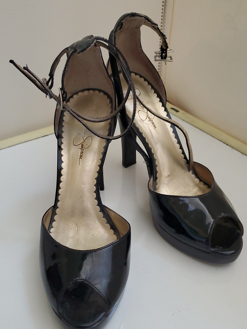 Jessica Simpson Black Patent Peep-Toe Ankle-Strap Heels